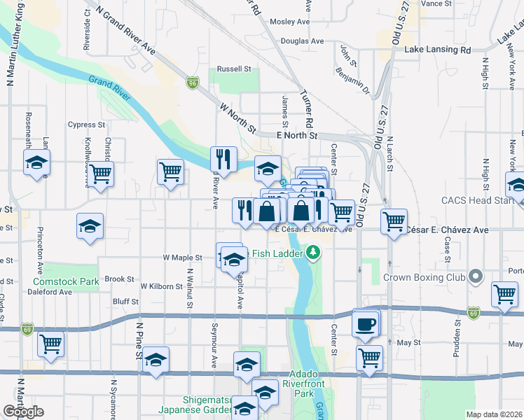 map of restaurants, bars, coffee shops, grocery stores, and more near 1232 North Washington Avenue in Lansing