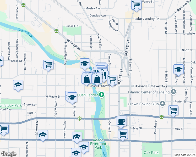 map of restaurants, bars, coffee shops, grocery stores, and more near 1223 Turner Road in Lansing