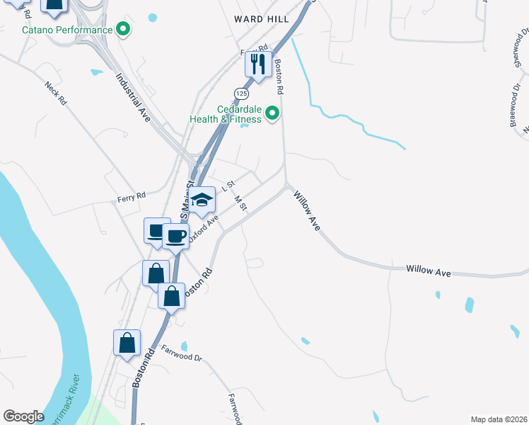 map of restaurants, bars, coffee shops, grocery stores, and more near 1032 Boston Road in Haverhill