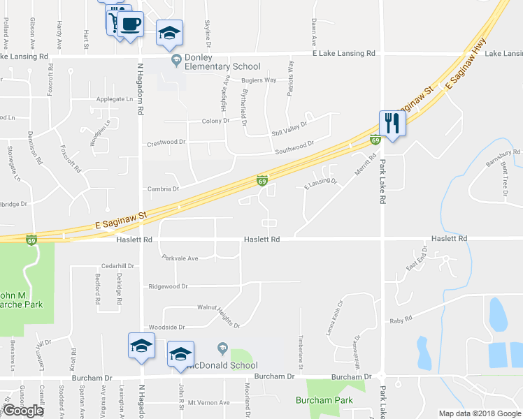 map of restaurants, bars, coffee shops, grocery stores, and more near 1200 Deer Path Lane in East Lansing