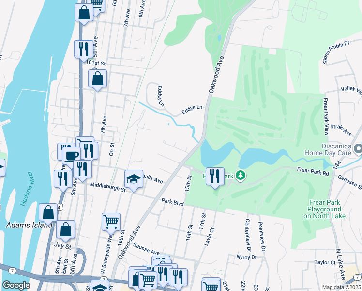 map of restaurants, bars, coffee shops, grocery stores, and more near 7 Summit Avenue in Troy
