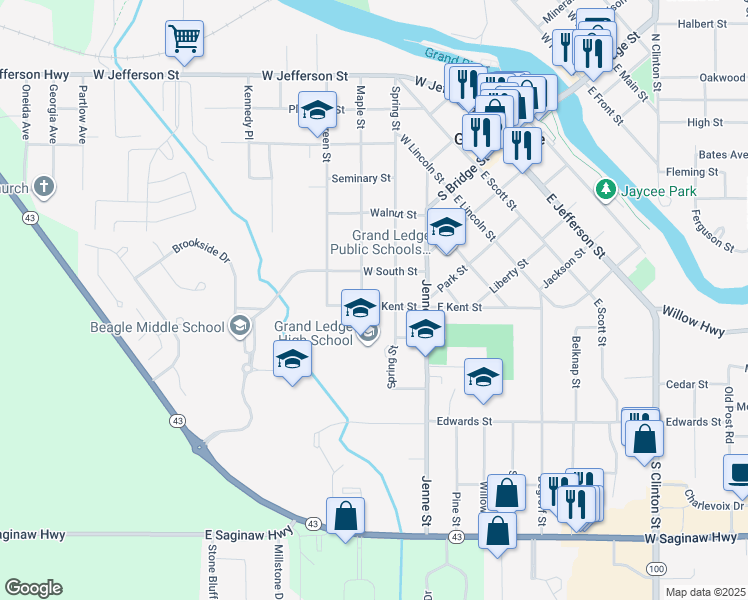 map of restaurants, bars, coffee shops, grocery stores, and more near 210 West Kent Street in Grand Ledge