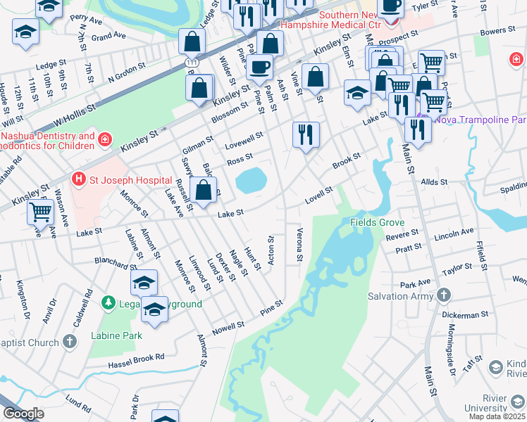 map of restaurants, bars, coffee shops, grocery stores, and more near 76 Lake Street in Nashua