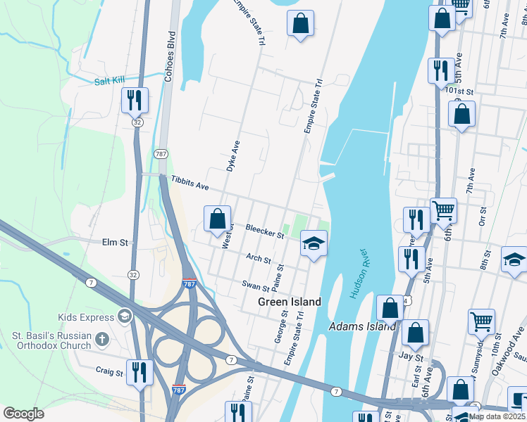 map of restaurants, bars, coffee shops, grocery stores, and more near 91 High Street in Green Island