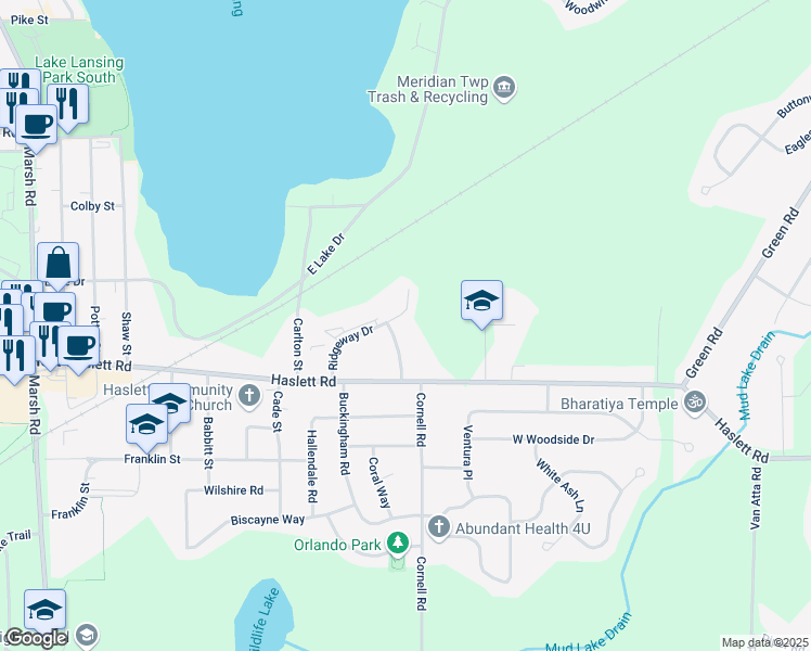 map of restaurants, bars, coffee shops, grocery stores, and more near 5754 Ridgeway Drive in Meridian charter Township