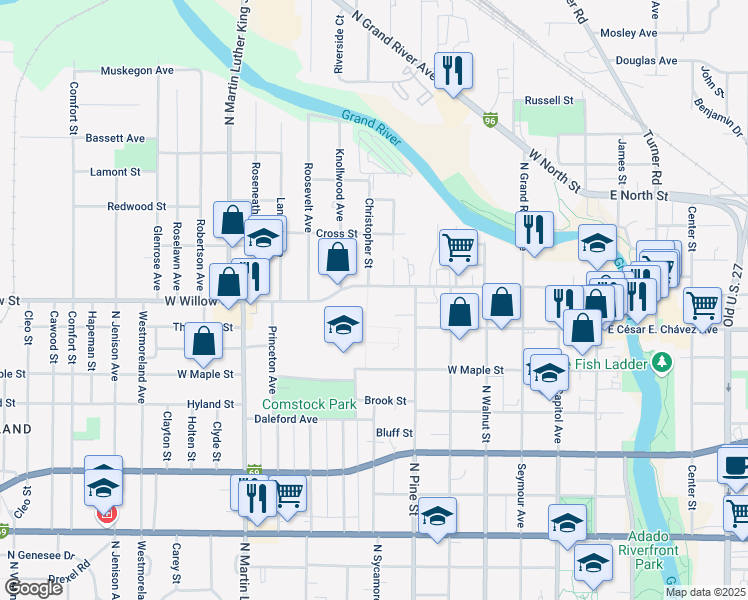 map of restaurants, bars, coffee shops, grocery stores, and more near 700 West Willow Street in Lansing