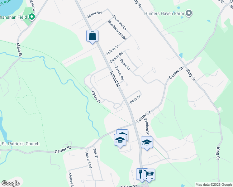 map of restaurants, bars, coffee shops, grocery stores, and more near 185 School Street in Groveland