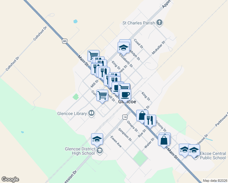 map of restaurants, bars, coffee shops, grocery stores, and more near 229 Main Street in Glencoe