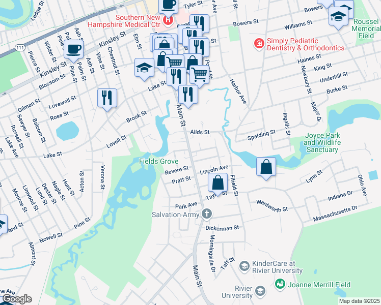 map of restaurants, bars, coffee shops, grocery stores, and more near 348 Main Street in Nashua