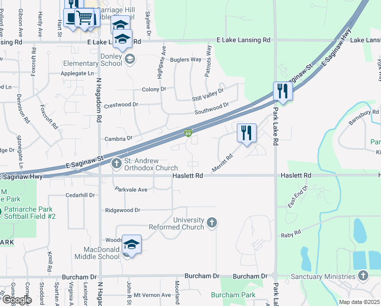 map of restaurants, bars, coffee shops, grocery stores, and more near 1252 Deer Path Lane in East Lansing