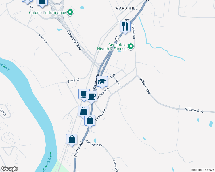 map of restaurants, bars, coffee shops, grocery stores, and more near 27 S Street in Haverhill