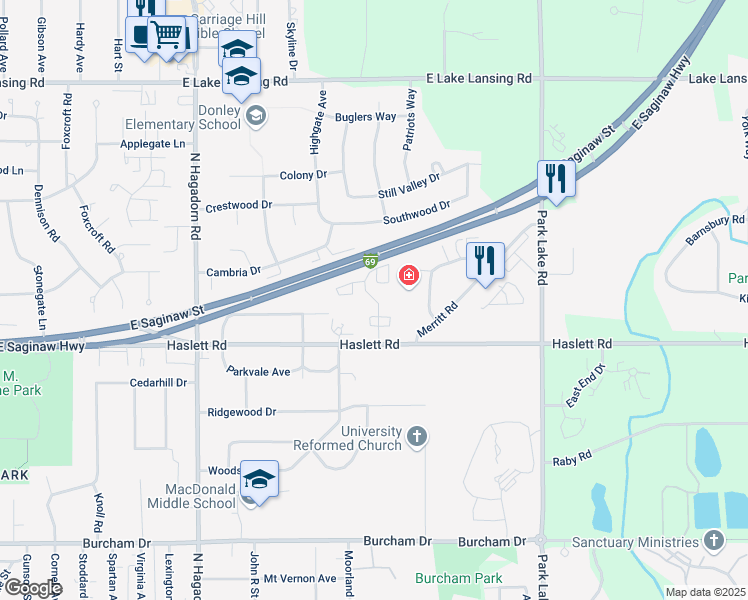 map of restaurants, bars, coffee shops, grocery stores, and more near 1259 Deer Path Lane in East Lansing