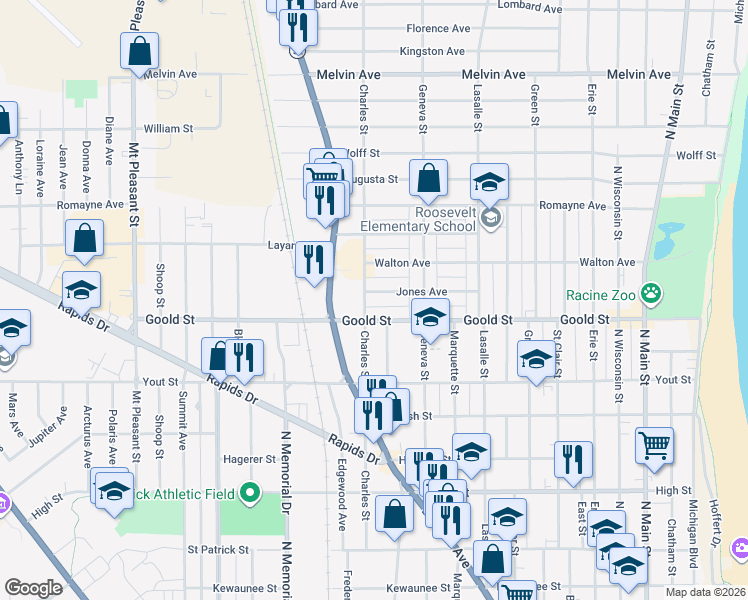 map of restaurants, bars, coffee shops, grocery stores, and more near 1311 Jones Ave in Racine