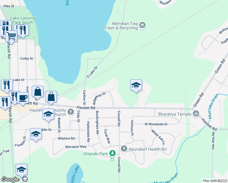 map of restaurants, bars, coffee shops, grocery stores, and more near 5754 Ridgeway Drive in Meridian charter Township