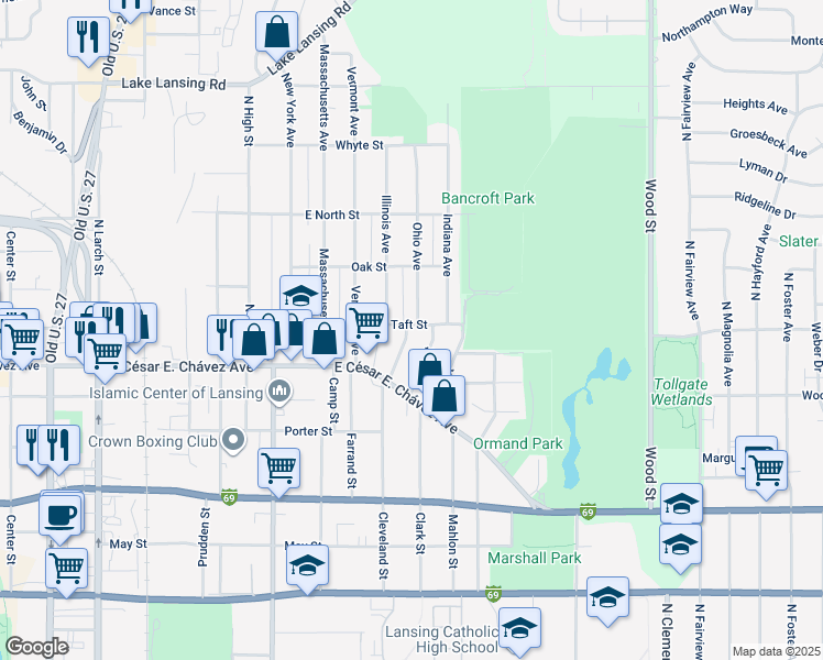 map of restaurants, bars, coffee shops, grocery stores, and more near 1324 Taft Street in Lansing