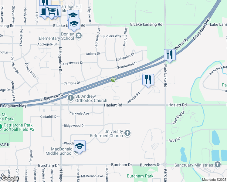 map of restaurants, bars, coffee shops, grocery stores, and more near 1263 Deer Path Lane in East Lansing