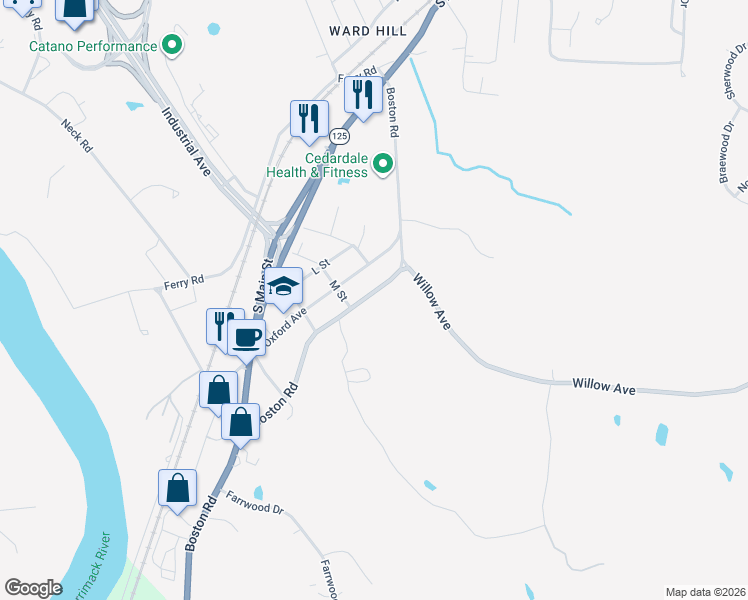 map of restaurants, bars, coffee shops, grocery stores, and more near 1032 Boston Road in Haverhill
