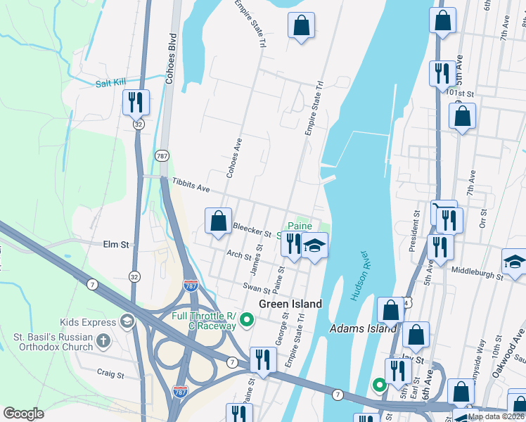 map of restaurants, bars, coffee shops, grocery stores, and more near 91 High Street in Green Island