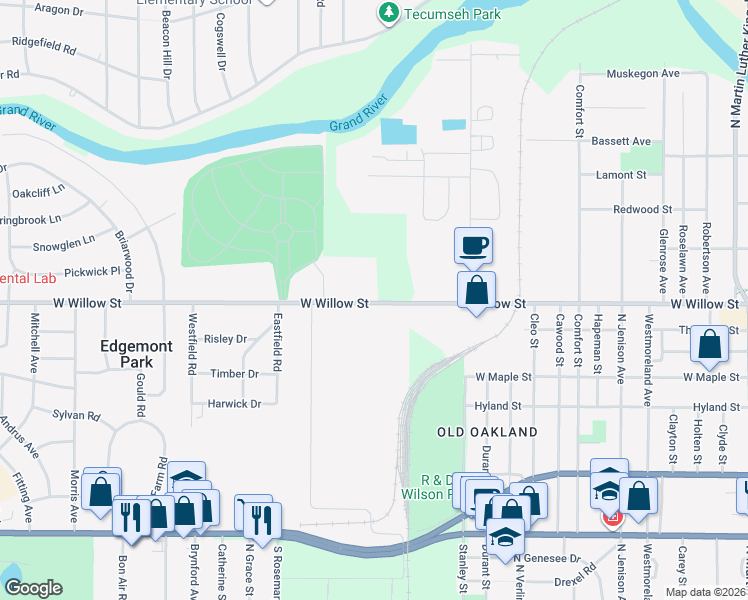 map of restaurants, bars, coffee shops, grocery stores, and more near 2334 West Willow Street in Lansing