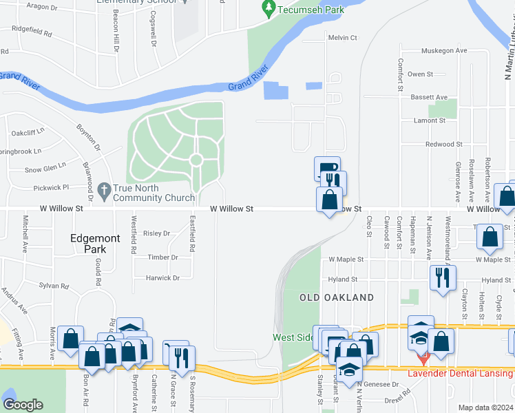 map of restaurants, bars, coffee shops, grocery stores, and more near 2334 West Willow Street in Lansing