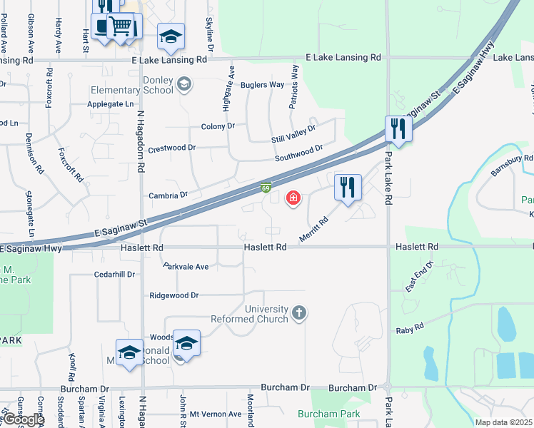 map of restaurants, bars, coffee shops, grocery stores, and more near 1263 Deer Path Lane in East Lansing
