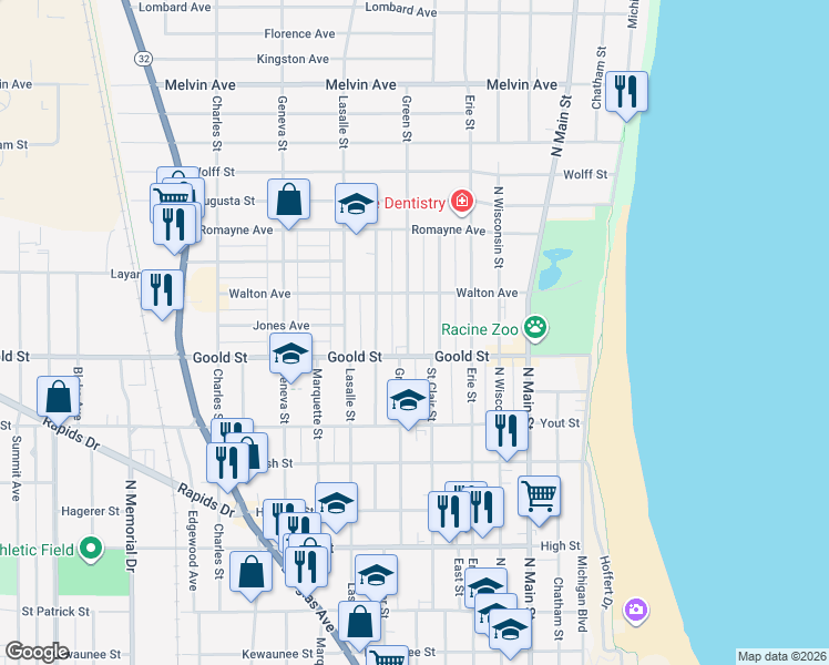 map of restaurants, bars, coffee shops, grocery stores, and more near 2123 Green Street in Racine
