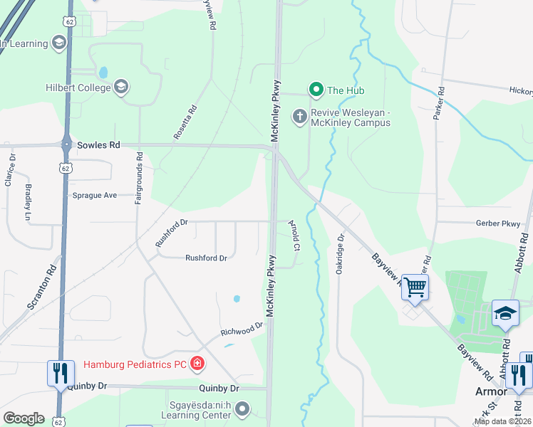 map of restaurants, bars, coffee shops, grocery stores, and more near 4482 Rushford Drive in Hamburg