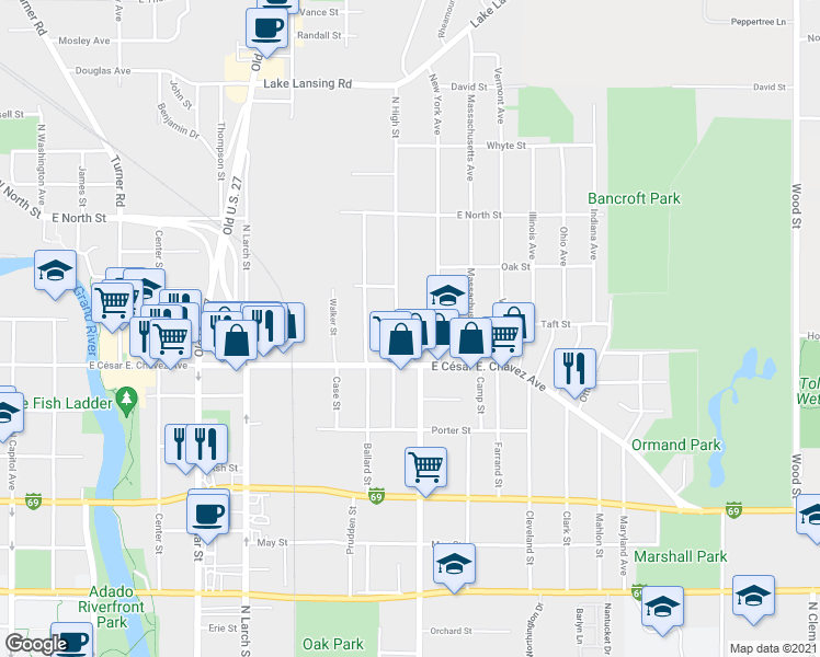 map of restaurants, bars, coffee shops, grocery stores, and more near 1304 N High St in Lansing