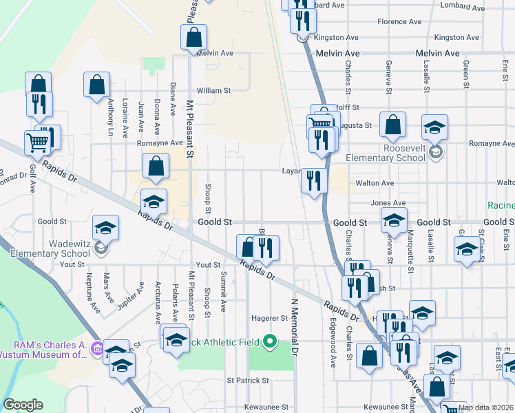 map of restaurants, bars, coffee shops, grocery stores, and more near 2120 Blake Avenue in Racine