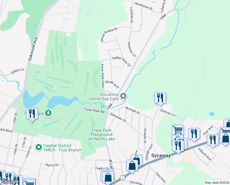 map of restaurants, bars, coffee shops, grocery stores, and more near 23 Westlane Road in Troy