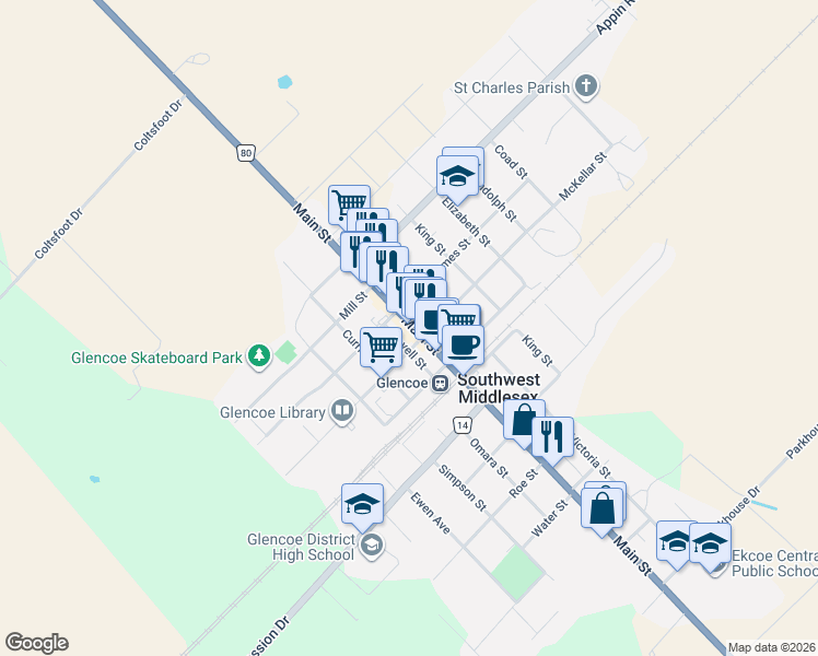 map of restaurants, bars, coffee shops, grocery stores, and more near 242r Main Street in Glencoe