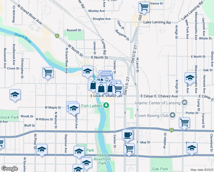 map of restaurants, bars, coffee shops, grocery stores, and more near 1232 Turner Road in Lansing