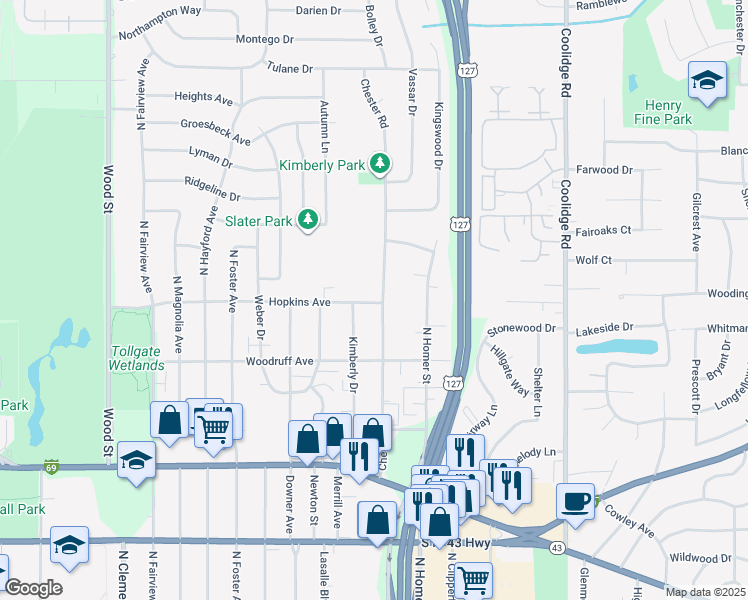 map of restaurants, bars, coffee shops, grocery stores, and more near 1305 Chester Rd in Lansing Charter Township
