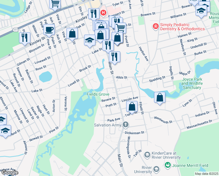 map of restaurants, bars, coffee shops, grocery stores, and more near Field Street in Nashua