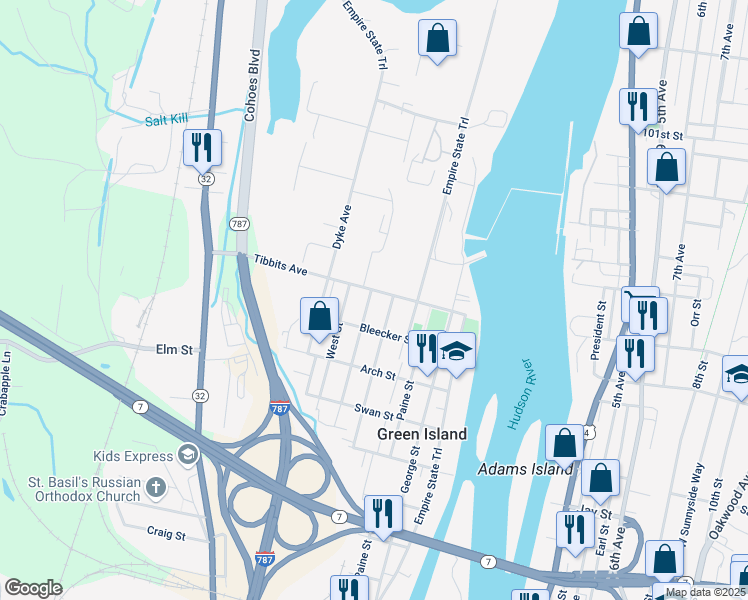 map of restaurants, bars, coffee shops, grocery stores, and more near 91 High Street in Green Island
