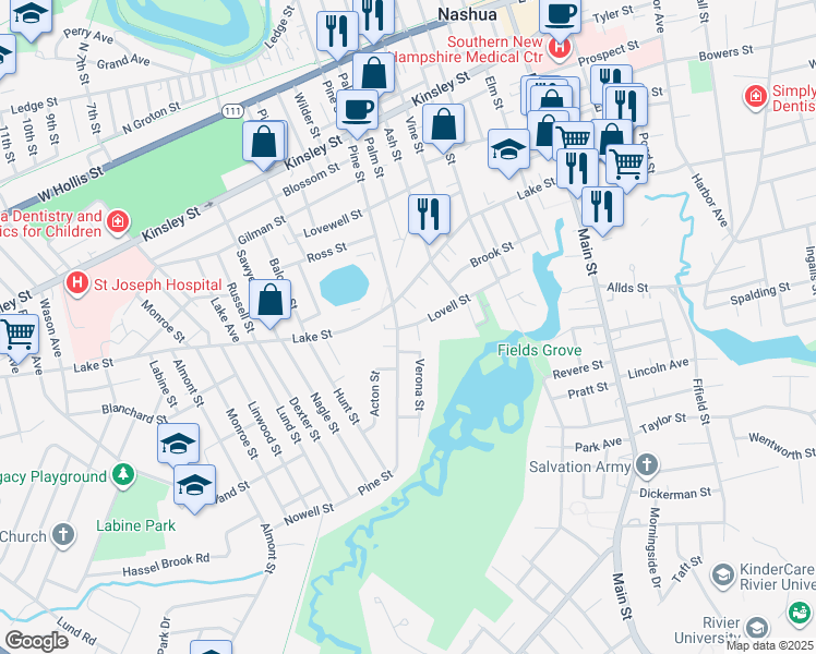 map of restaurants, bars, coffee shops, grocery stores, and more near 49 Lovell Street in Nashua