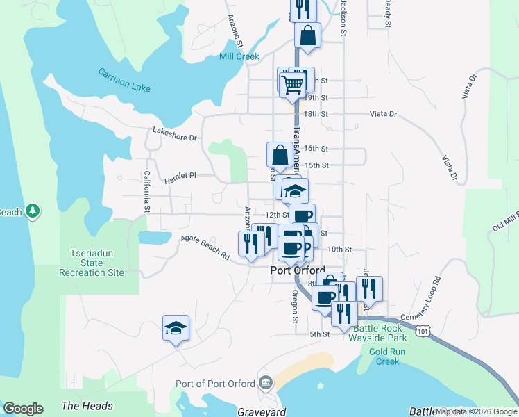map of restaurants, bars, coffee shops, grocery stores, and more near 1250 Arizona Street in Port Orford