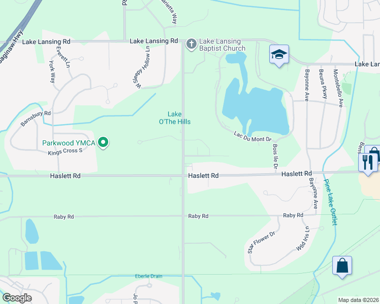 map of restaurants, bars, coffee shops, grocery stores, and more near 5792 Okemos Road in Meridian Charter Township