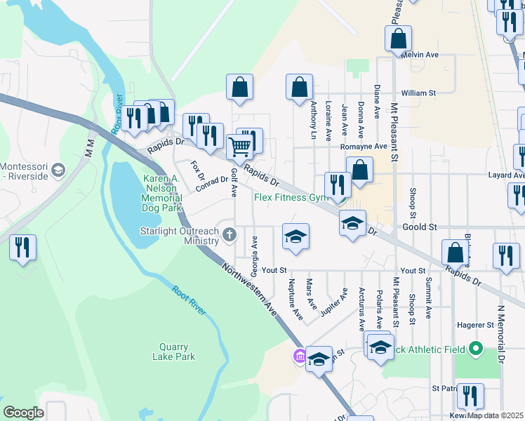 map of restaurants, bars, coffee shops, grocery stores, and more near 2209 Savoy Circle in Racine