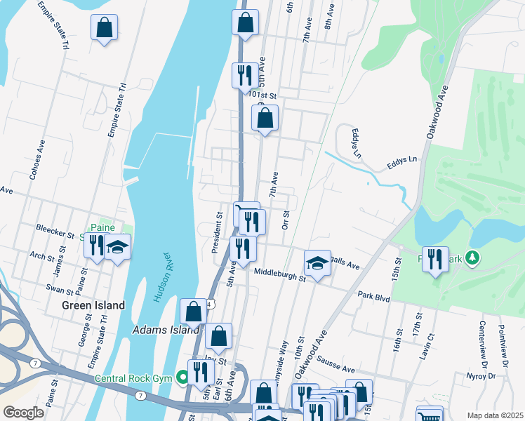 map of restaurants, bars, coffee shops, grocery stores, and more near 3074 6th Avenue in Troy