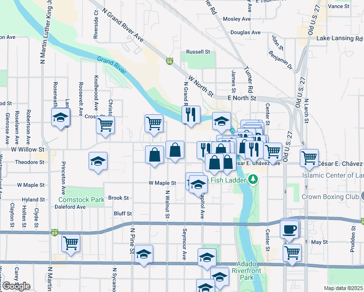 map of restaurants, bars, coffee shops, grocery stores, and more near in Lansing