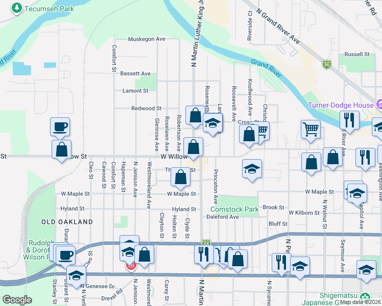 map of restaurants, bars, coffee shops, grocery stores, and more near 1112 West Willow Street in Lansing