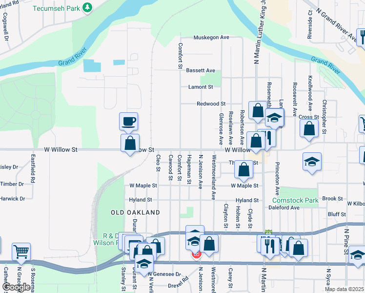 map of restaurants, bars, coffee shops, grocery stores, and more near in Lansing