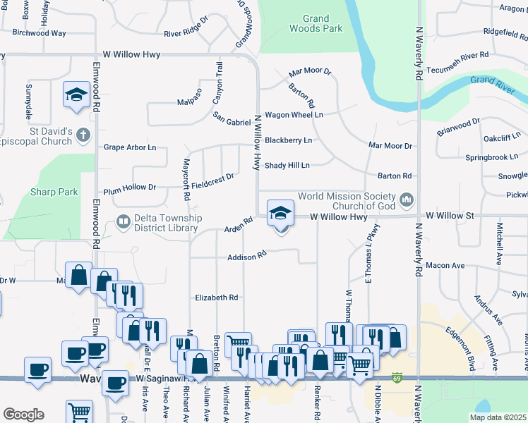 map of restaurants, bars, coffee shops, grocery stores, and more near 4416 West Willow Highway in Lansing