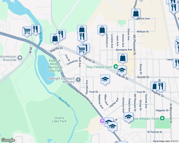 map of restaurants, bars, coffee shops, grocery stores, and more near 2209 Savoy Circle in Racine