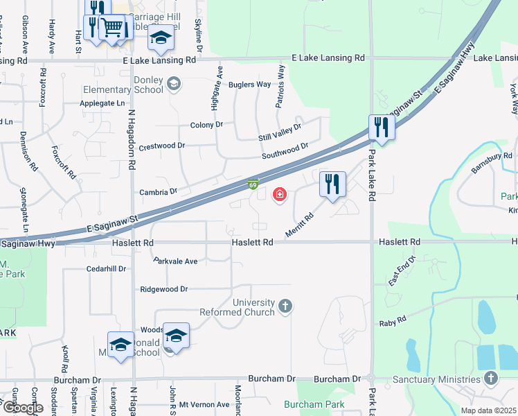 map of restaurants, bars, coffee shops, grocery stores, and more near 1252 Deer Path Lane in East Lansing