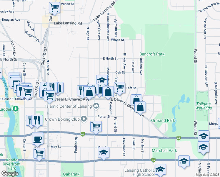 map of restaurants, bars, coffee shops, grocery stores, and more near 1304 Massachusetts Avenue in Lansing