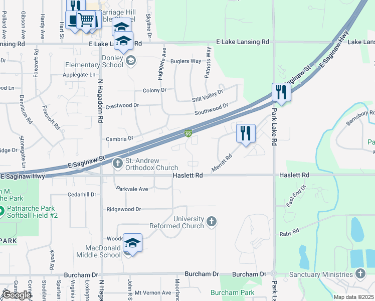 map of restaurants, bars, coffee shops, grocery stores, and more near 1262 Deer Path Lane in East Lansing