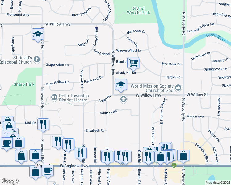 map of restaurants, bars, coffee shops, grocery stores, and more near 4416 West Willow Highway in Lansing
