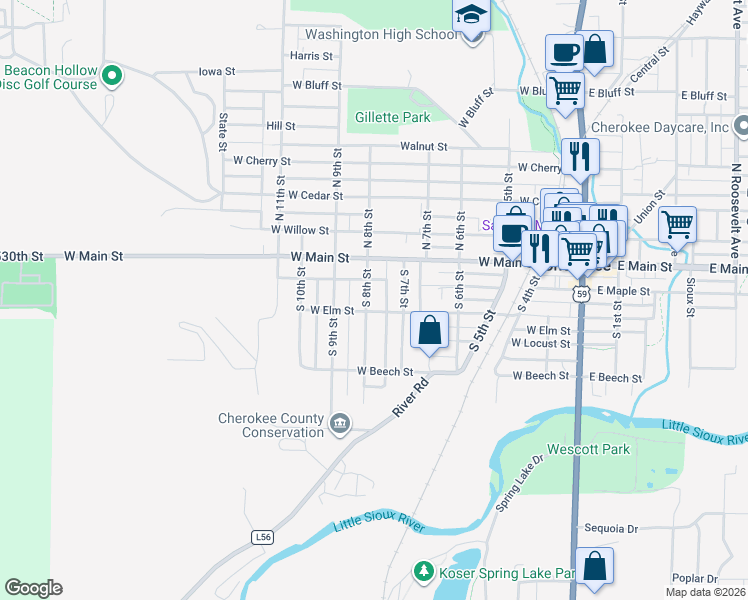 map of restaurants, bars, coffee shops, grocery stores, and more near 216 South 8th Street in Cherokee